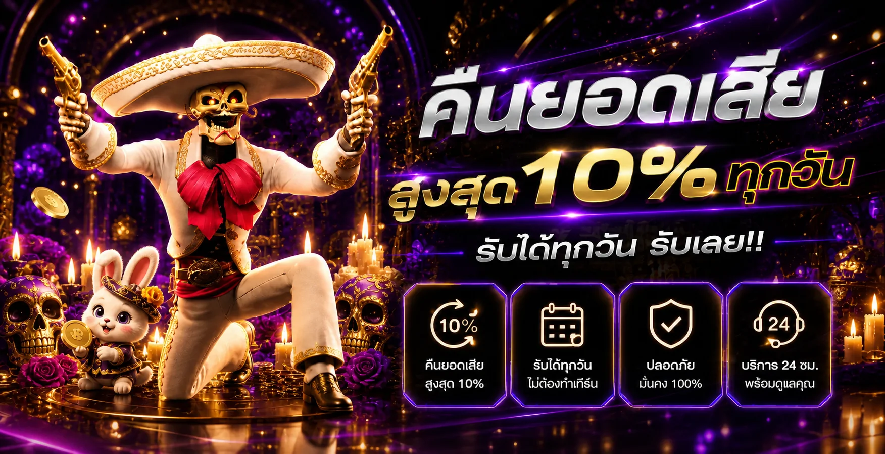 แบนเนอร์สล็อต BGCLUB พร้อมตัวละครเกมและข้อมูลคืนยอดเสีย